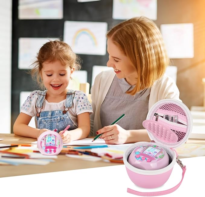 casmilee Toy Case for Punirunes/for Tamagotchi Interactive Digital Pet, Kids Virtual Electronic Pets Holder with Partition to Protect Screen & Mesh Pocket for Small Accessories- Box Only (Pink)
