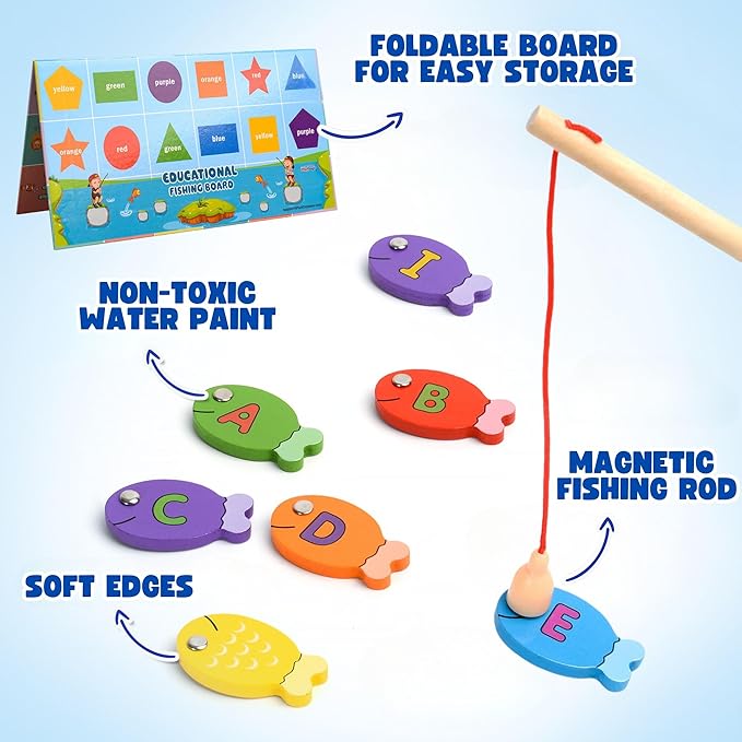 Haktoys Fishing Alphabet Game for Toddlers and Kids Learn ABCs Numbers Colors and Shapes Magnetic Fishing Toy Montessori Educational Learning Game