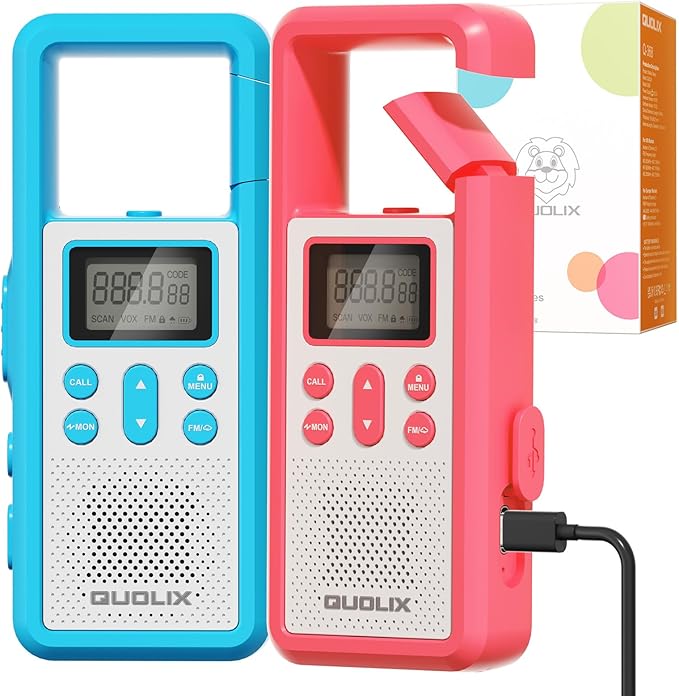 QUOLIX Rechargeable Walkie Talkies for Kids - Kids Walky Talkie Set with 1020mAh Battery & NOAA VOX, Durable Toy Gift for 6-12 Year Old Boys & Girls, Christmas & Birthday Presents (2 Pack)