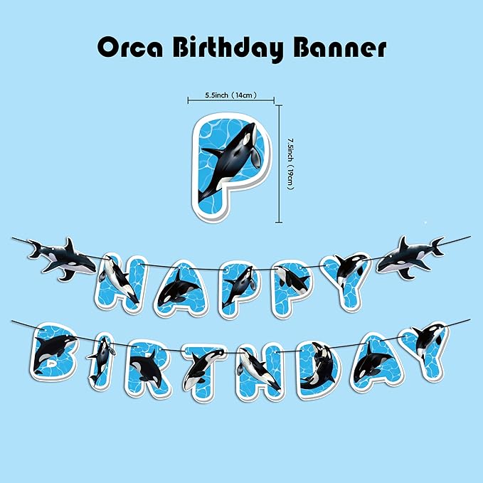 Orca Birthday party Decorations Killer Whale theme party Supplies Include Banner Balloons Cake Topper Cupcake Toppers Invitation Cards Tabletop Honeycomb Decorations