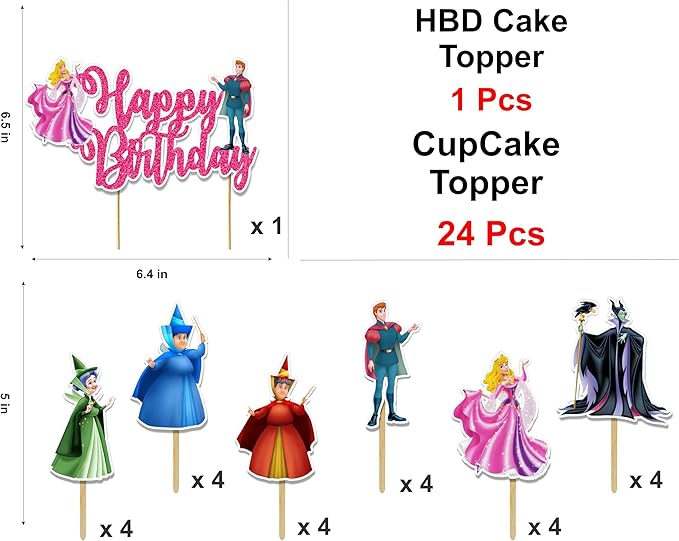 Sleepin Beauty Theme - Party Decorations, Princess Inspired Birthday Decor for Girls, Fairy Tale Castle Party Supplies, Pink Royal Birthday Banner, Cake Topper & Cupcake Decoration Set