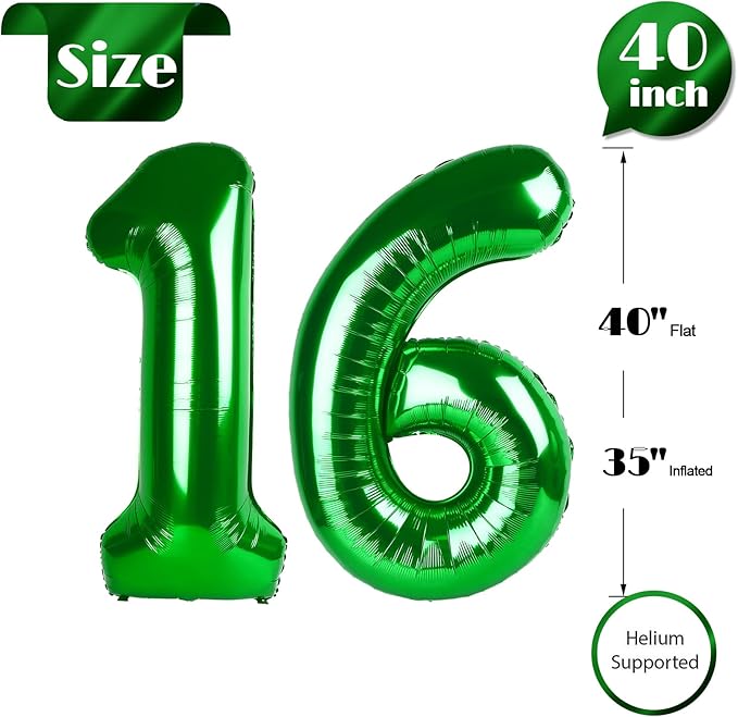 Green Number 16 Balloon 40 inch, 16 Number Balloons, 16th Green Birthday Decorations for Women Men, 16 Year Old Party Supplies, St. Patrick's Day Games Theme Birthday Decorations