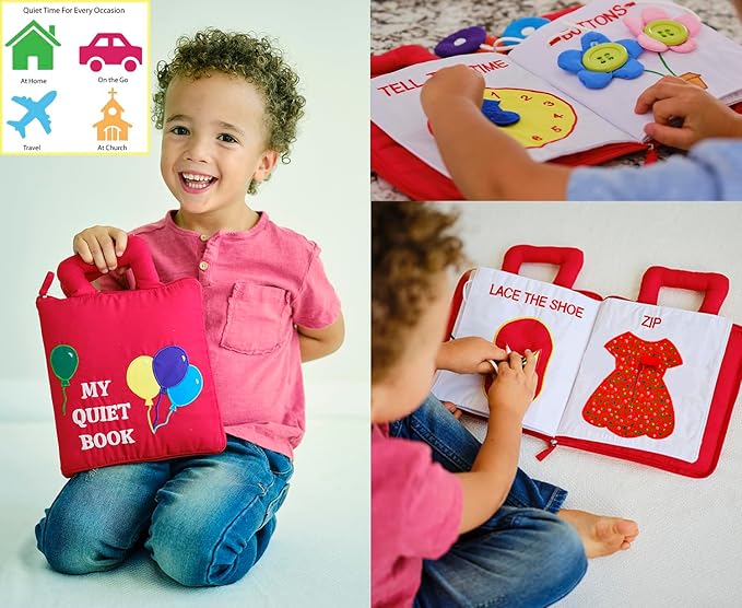 My Quiet Book by Pockets of Learning Montessori Basic Life Skills Activity Toy | Interactive Early Education Preschool Activity Busy Book for Toddlers & Children Soft Fabric Original Quiet Travel Book