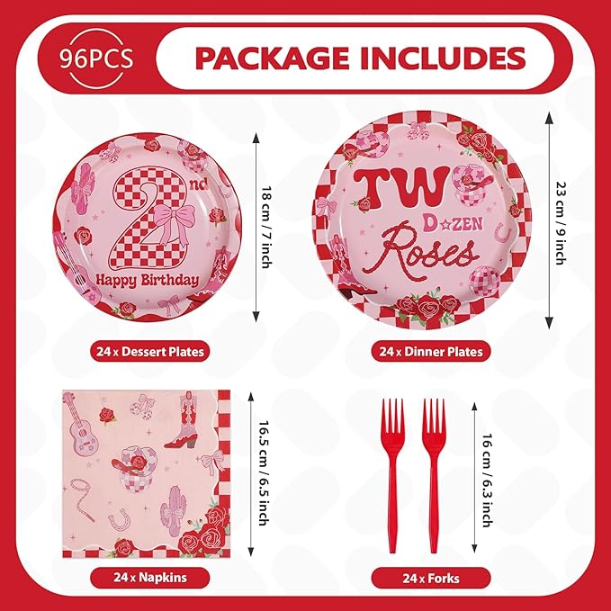 96Pcs Two Dozen Roses Party Supplies Two Dozen Roses 2nd Birthday Plates and Napkins Pink Floral Western Theme Tableware Set for Western Cowgirls 2nd Birthday Party Decorations Serves 24