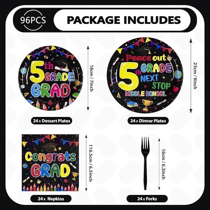 96Pcs 5th Grade Graduation Party Supplies 2025 Fifth Graduation Plates and Napkins Sets Peace Out 5th Grade Next Stop Middle School Decorations Favors for Classroom Congrats Grad Party Serves 24 ﻿