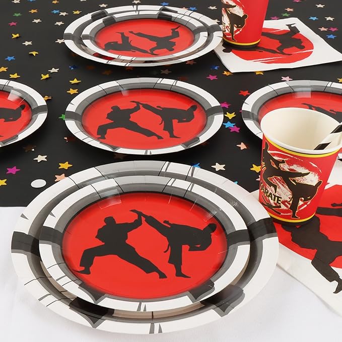 Karate Birthday Party Decorations, 120Pcs Karate Themed Party Supplies Disposable and Dynamic Tableware Includes Paper Plates, Napkins, Cups and Straws | Serves 24