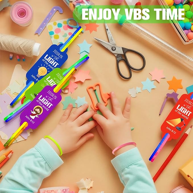 Civaner 48 Packs 2026 Vbs Gifts Cards with 100 Glow Sticks Jesus Is The Light of The Word Cards Religious Bible Verse Sticks for Vbs Sunday School Supplies
