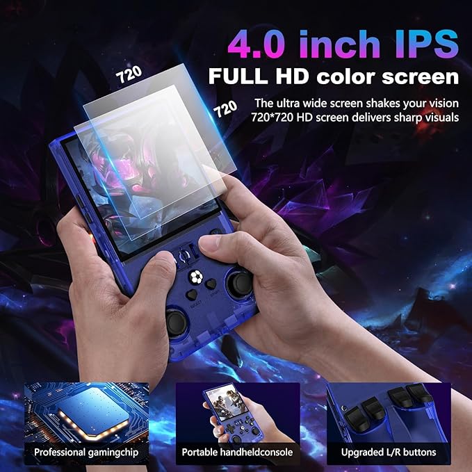 R36MAX Retro Handheld Game Console, 4.0 Inch 720x720 IPS Screen, 128GB Built-in 22000+ Classic Game, Portable Hand Held Open Source Linux System, 4000mAh Battery Retro Gaming Console(Blue 128GB)