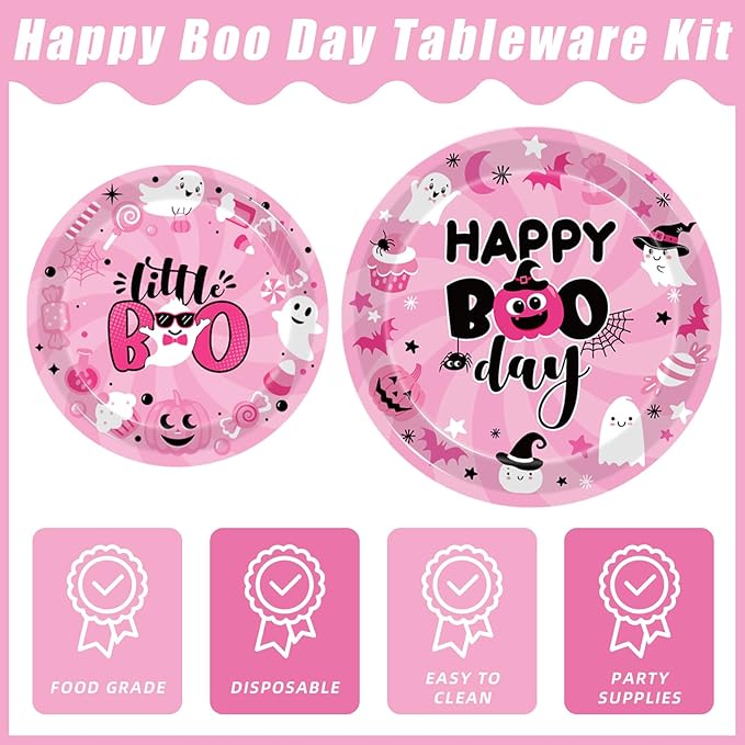 96Pcs Pink Halloween Birthday Party Decorations, Halloween Happy Boo Day Party Plates and Napkins Set Supplies Halloween Little Boo Ghost Baby Shower Tableware Decor for Girl, Serves 24