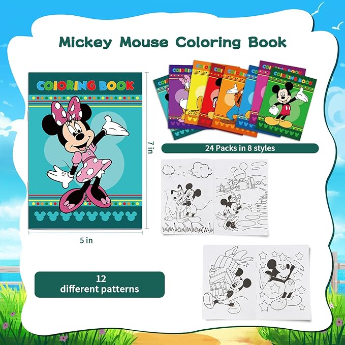 Mickey Birthday Party Supplies, 24Pcs Mouse Coloring Books for Minnie Birthday Party Gifts, Goodie Bag Stuffers, Classroom Rewards, 8 Styles