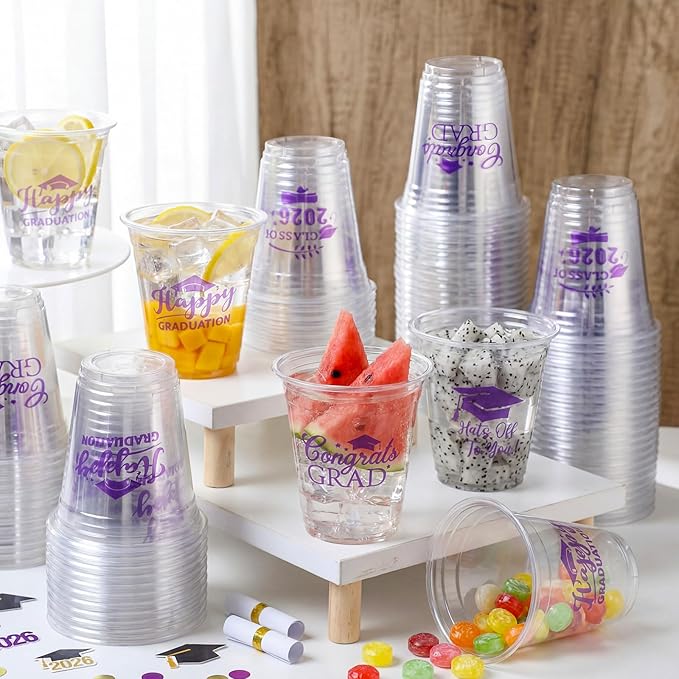 Eaasty 200 Pcs 12oz Graduation Cups 2026 Disposable Plastic Cups for Class of 2026 Graduation Party Congrats Grad Elegant Party Supplies Tableware Decorations (Purple)