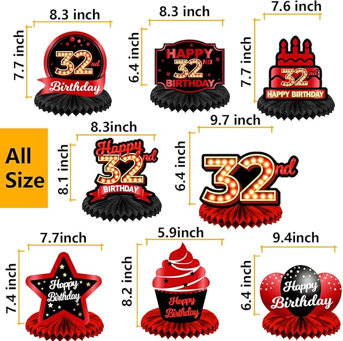 Happy 32nd Birthday Red and Black Table Honeycomb Centerpieces Balloons Theme Decor Table Decorations Table Toppers for Girls Women Princess 32 Years Old Birthday Party Bday Supplies Background Gold