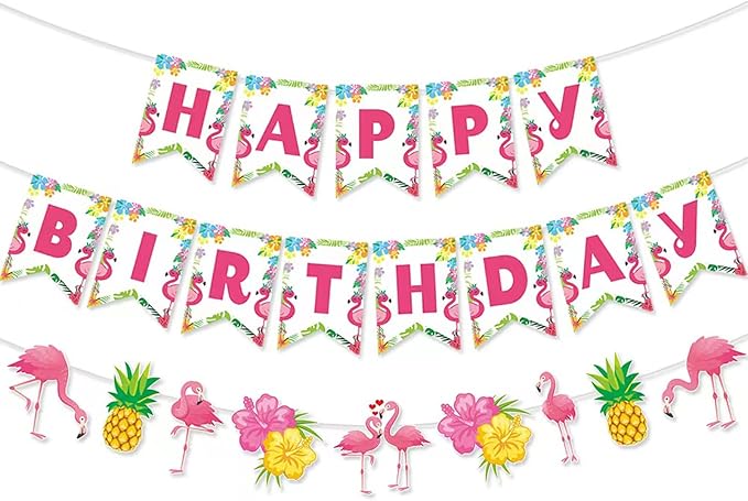 Zwiebeco Flamingo Happy Birthday Party Decoration Tropical Hawaiian Summer Supplies Pineapple Banner Bunting Garland for Kids Adults Aloha Luau Theme Accessories