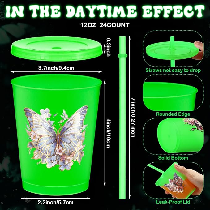 24 Pcs Butterfly Pattern Cups Glow in the Dark Cups 12 oz Plastic Frosted Cup with Lid and Straw Reusable Bulk Green Tumbler for Summer Birthday Party Decoration Baby Shower Party Supplies