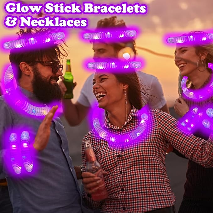 Purple Glow Sticks Pop Tubes, 24PCS Mardi Gras Parade Throws Party Favors, Light Up Necklaces & Bracelets Accessories Decorations, Glow Birthday Wedding Carnival Easter Party Supplies for Kids Adults