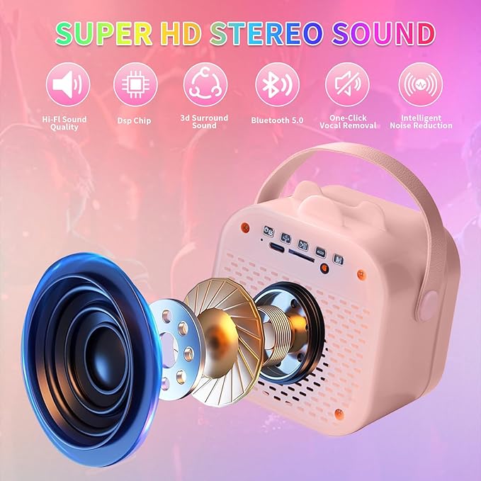 Mini Karaoke Machine with 2 Wireless Microphones, Portable Rechargeable Bluetooth Singing Machine, Small Karaoke Machine for Kids Toddler Toys, Gifts for 3 4 5 6 7 8 9 10 Year Old Girls