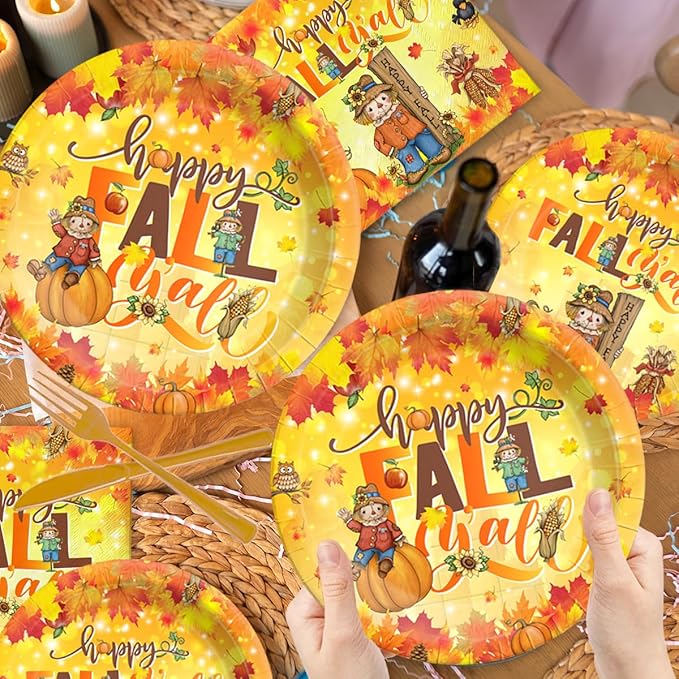 142Pcs Thanksgiving Plates and Napkins Set-Happy Fall Y'all Party Decoration Scarecrow Disposable Tableware Maple Leaves Pumpkin Harvest Thanksgiving Party Supplies