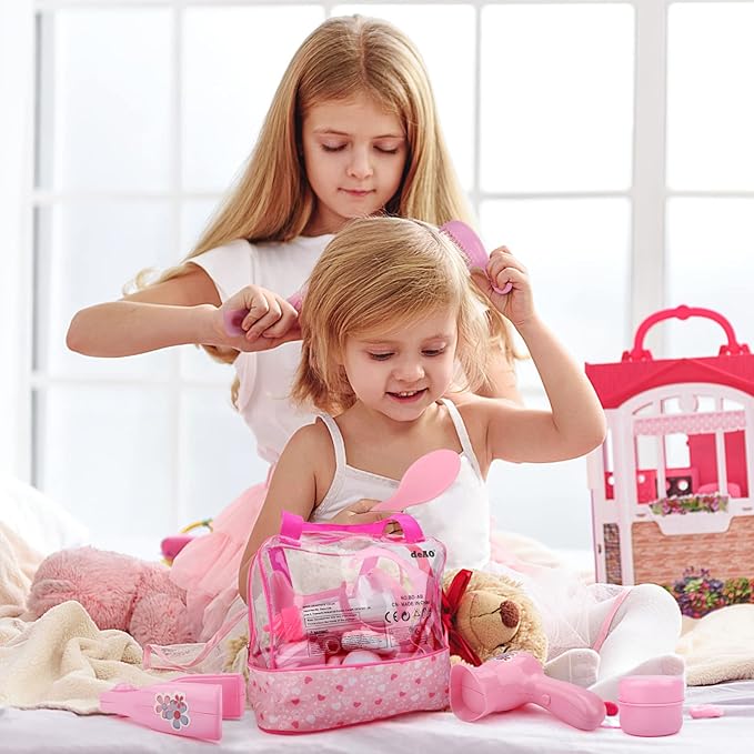 deAO 40 Piece Baby Doll Accessories Bag with Baby Feeding Accessories, Clothes, Doll Bear, Bath Toys, Soother Dummy and Much More - Great Nurturing Pretend Toy for Kids