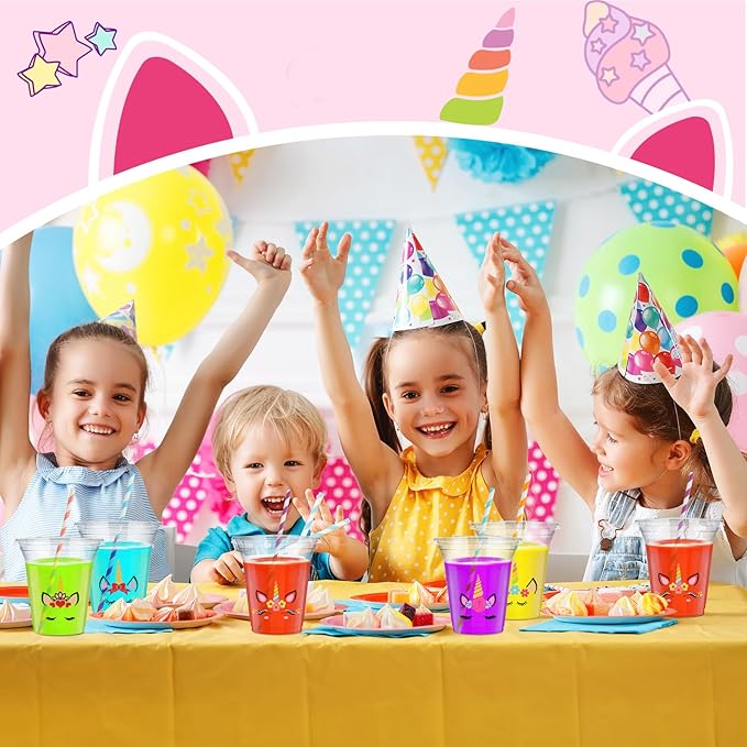 Boao 36 Sets Unicorn Party Cups with Lids and Paper Straws 14 oz Unicorn Birthday Party Supplies Favors Disposable Clear Plastic Cups Bulk