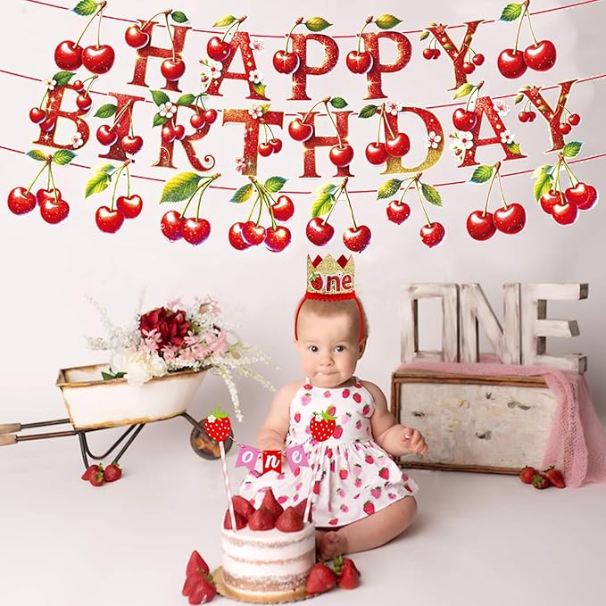 Zwiebeco Cherry Happy Birthday Party Decoration Banner Bunting Garland Hanging Paper for Sweet Girls Women Summer Fruit Themed Baby Shower Accessories Supplies