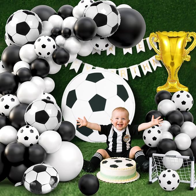 Soccer Balloon Garland Arch Kit, 98Pcs 18 12 10 5 inch Black White Soccer Balloons with 18inch Football Foil Balloons for Sports Theme Soccer Party Decorations
