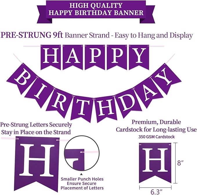 Purple Birthday Decorations Kit - 16-Piece Set with Pre-Strung Happy Birthday Banner, Honeycomb Balls, Garland & Swirls | Purple Theme Party Supplies for Women Girls Kids, Teens Adults
