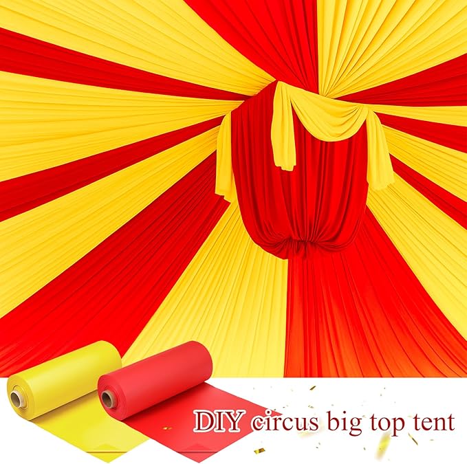 Moukeren 40'' x 100' Circus Tablecloth Roll Plastic Tablecloth Disposable DIY Carnival Tent Party Supplies for Big Top Tent Backdrop Curtains Ceiling Wall Drapes(Yellow, Red,2 Roll)