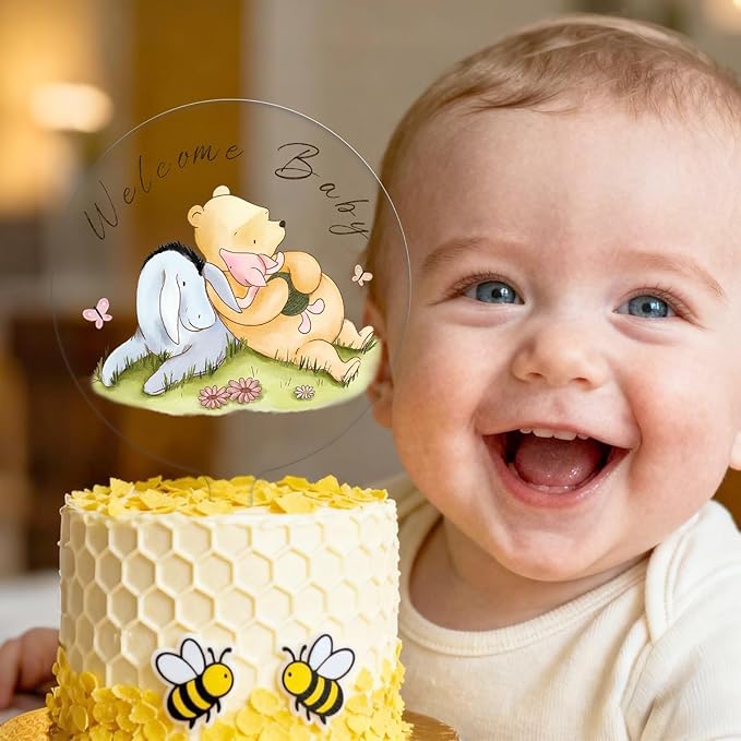 Classic Bear Cake Topper Acrylic 5x7" Vintage Style for Baby Shower Decorations, Winnie Themed Birthday Party Supplies, Oh Baby Welcome Home Cake Decor, Sturdy & Washable Keepsake