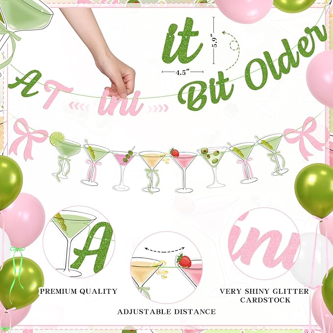 Martini Bow Birthday Party Decorations, Green Pink Glitter A Tini Bit Older Banner Garland Cake Topper Balloons for Girls Women Trendy Martini Bar Birthday Bachelorette Bridal Shower Party Supplies