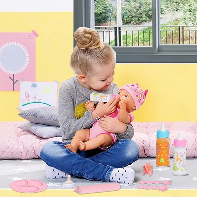 My Sweet Baby 13-Piece Doll Feeding & Diaper Bag Set – Disappearing Milk Bottles, Bibs, Pacifiers, Diapers & Accessories Set – Pretend Play Baby Doll Care Kit for Girls – Fits 12–18″ Dolls