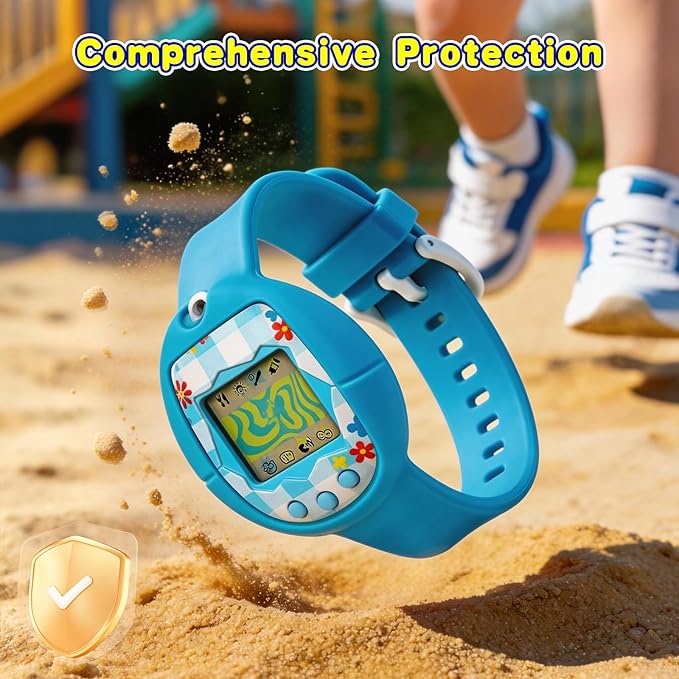 Soft Silicone Wristband for Tamagotchi Original, for Gen 1/2, Neon, Retro Flowers, 90s, Fresh Strawberry, Adjustable Anti-Drop Strap for Kids, Teens, Adults, Parents & 90s Nostalgia Lovers (Blue)