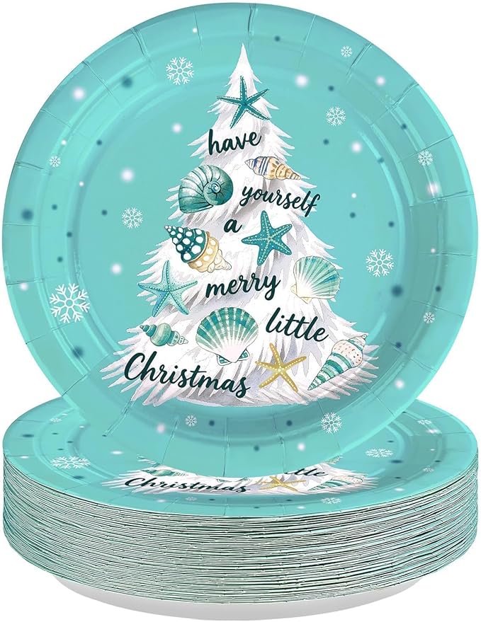 50Pcs Blue Beach Christmas Paper Plates 10" Large Disposable 400 GSM Heavy Duty Plates Xmas Tree Coastal Style Dessert Platters for Merry Christmas Xmas Festive Theme Party Supplies