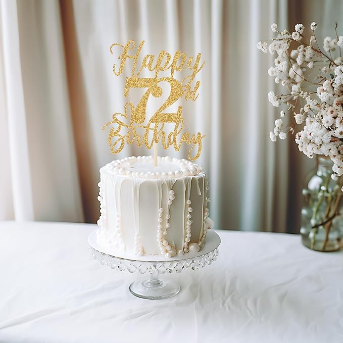 Happy 72nd Birthday Cake Topper, Decorations for Men/Women, Cheers to 72 Years, Hello 72, Party Supplies Gold Glitter