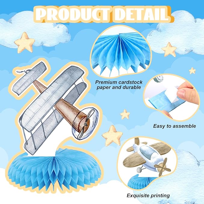 12 Pcs Airplane Party Decorations Blue Honeycomb Centerpieces Airplane Table Decoration Little Explorer Landing Soon Table Topper for Birthday Party Favors Supplies