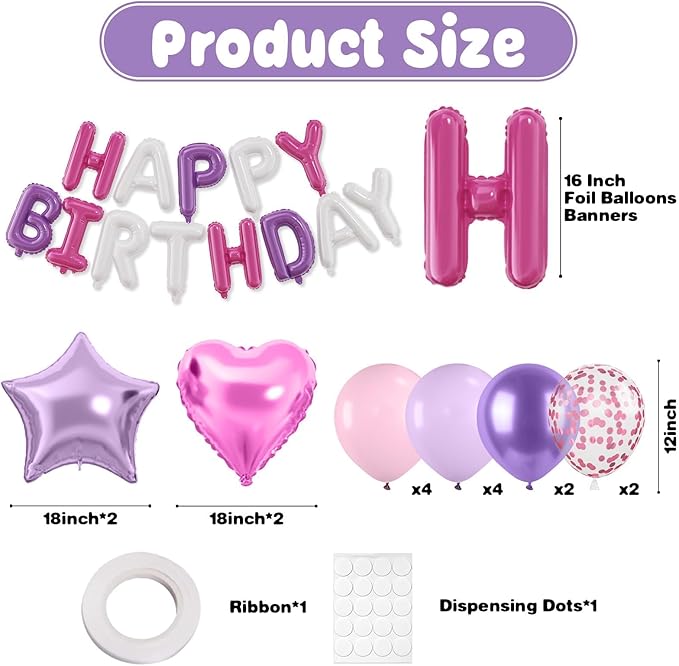 29PC Pink Purple Happy Birthday Balloon Banner, 16 Inch Foil Letters Letter Banner Sign, Pink Purple Balloons Metallic 18 Inch Star Heart Foil Balloon for Women, Men Party Supply