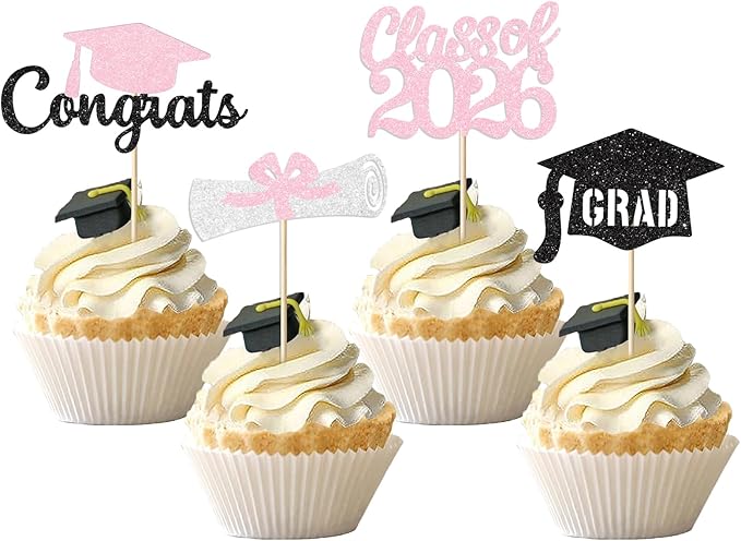 Pink Graduation Cupcake Toppers Decorations Class of 2026 Cupcake Topper Graduation Cup Cake Picks Congrats Grad Party Decor Supplies Set of 24
