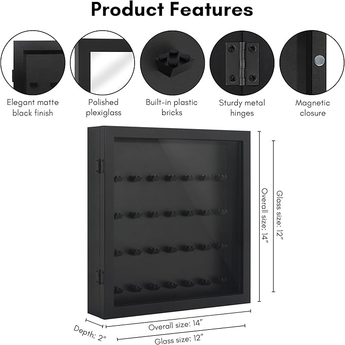 Americanflat 14x14 Minifigure Display Case with Polished Plexiglass - Holds 28 Minifigures - Silhouette Collection - Wall-Mounted Building Block Toy Display Case for Small Toy Collectibles - Black