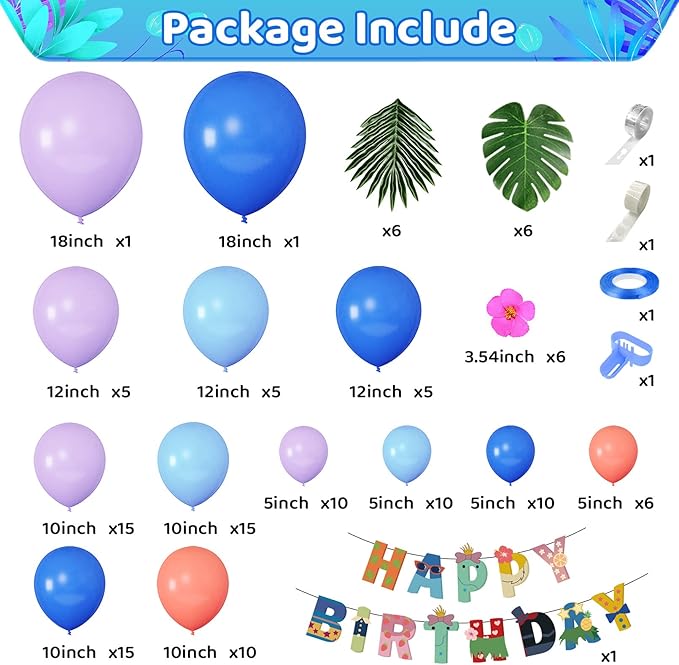 Stich 131Pcs Balloon Birthday Party Decorations - Blue Purple Arch Kit with Happy Birthday Banner, Palm Leaves, Flowers for Kids, Baby Shower, Tropical Party Supplies