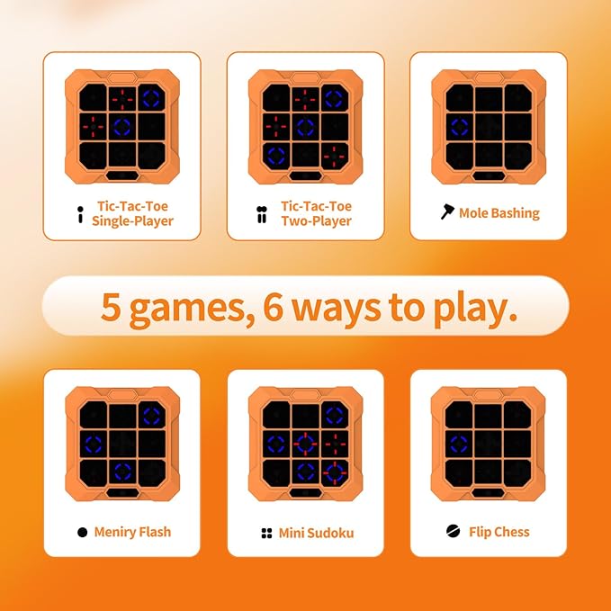 6-in-1 Rechargeable Electronic Tic-Tac-Toe Game, Portable Digital Travel Toy, Suitable for Children, Boys, Girls and Adults, Educational Memory Learning Toy for Ages 4 and Up (Orange)