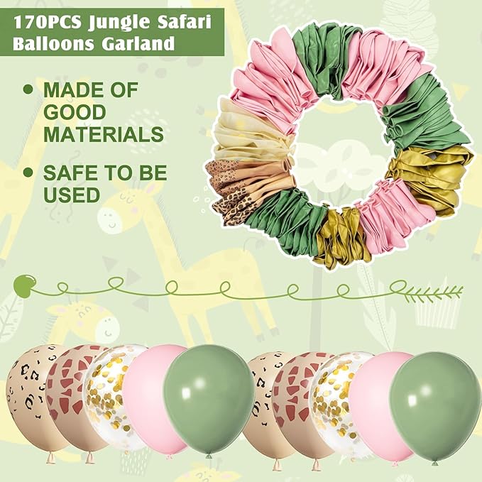 Amandir 170Pcs Jungle Safari Balloons Garland Arch Kit Animal Printed Pink Sage Green Balloons Wild One Giraffe Leopard Safari Baby Shower Decorations for Girl Birthday Party Supplies