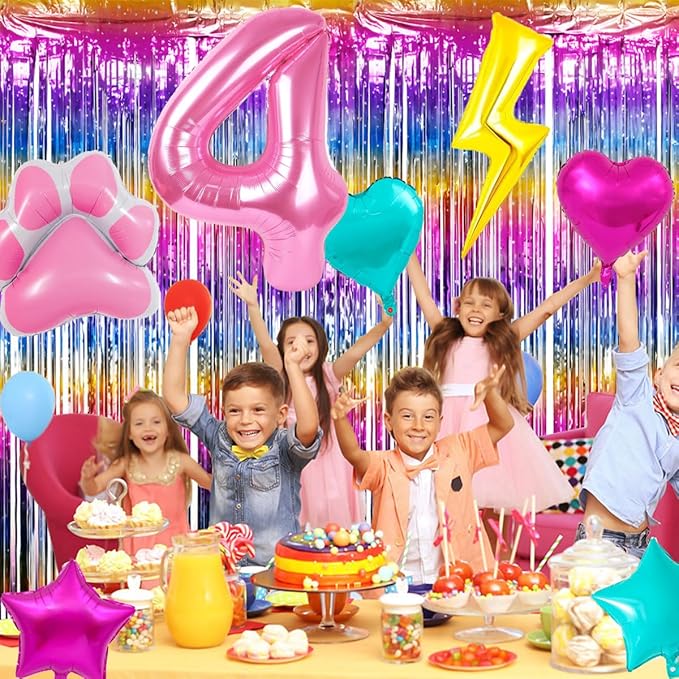 Super Cat Birthday Party Supplies, Super Cat Balloons, Pink Number 4 Balloon 40 Inch, Paw, Lightning And Heart Balloons, 4th Birthday Decorations For Girls