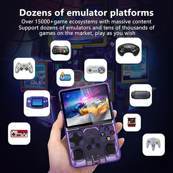 Retro Game Console R36S Handheld Game Console with 64GB Preloaded Games, Save/Load Function, 3.5" HD IPS Screen, Portable Emulator Console for Family, Adults & Nostalgic Players (Purple R36s 3.5")