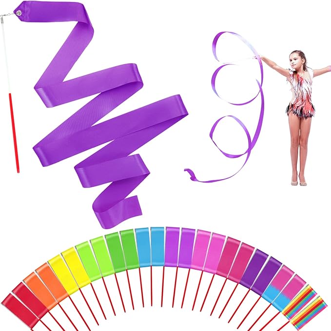 24 Pack Rainbow Dance Ribbon for Kids Party Favors - 12 Colors Rhythmic Gymnastics Twirling for Girls Birthday Party Decoration Supplies, Baton Sticks Silk Streamers Wands
