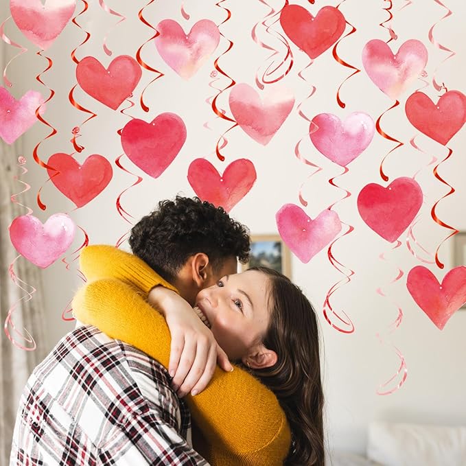 Red Pink Heart Hanging Swirl Decorations, Foil Ceiling Hanging Whirls for Valentines Day Decorations Galentines Birthday Engagement Wedding Party Supplies 24 Pcs