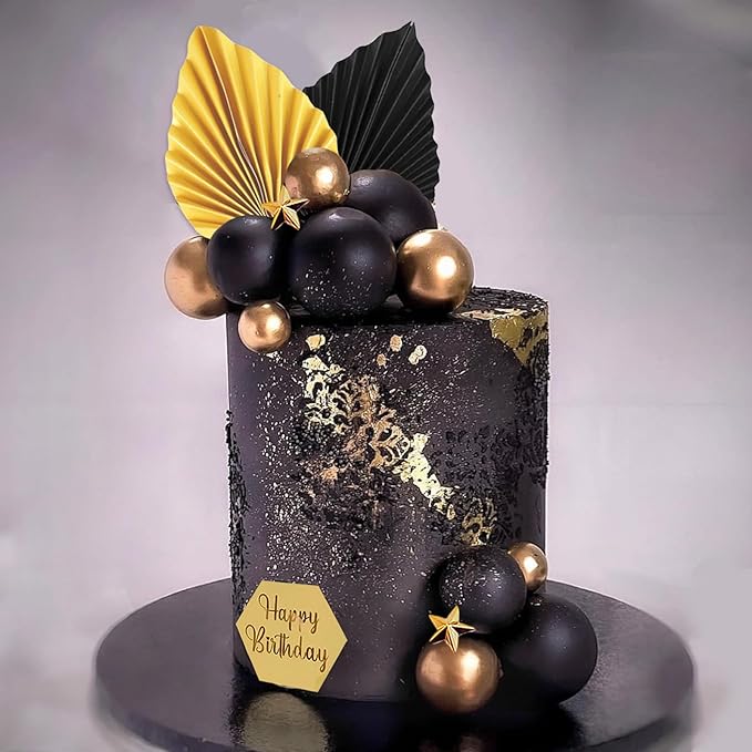 44Pcs Balls Cake Topper Man Cake Decorations with Black Gold Balls Palm Leaves Acrylic Numbers 0-9 and Happy Birthday Cake Toppers for Men Boy Black Theme Birthday Baby Shower Wedding Party Supplies
