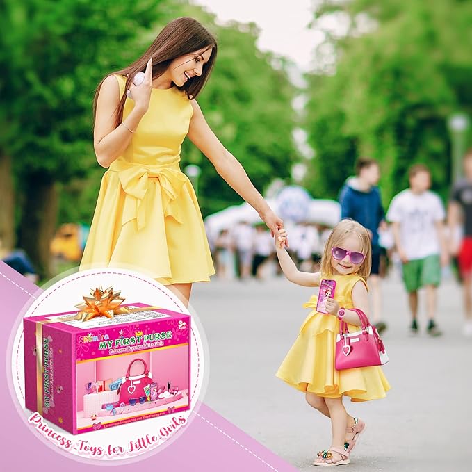Shemira Play Purse for Little Girls, Princess Pretend Toys for Girls 3 4 5 6 7 8 Years Old, Christmas & Birthday Gift for Kids Age 3-5 4-6 6-8, Toddler Purse with Accessories, Kids Toy Purse,Pink