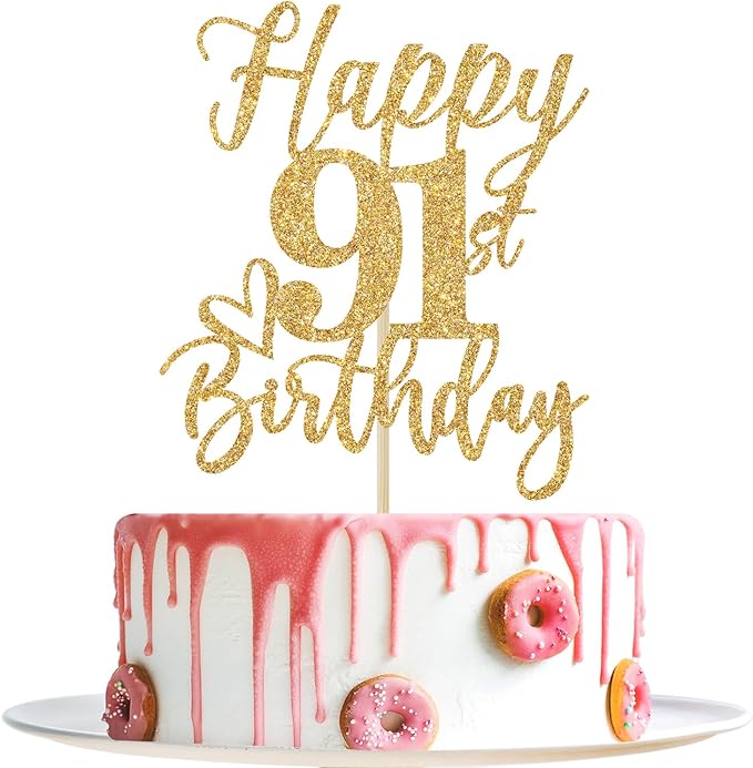 Happy 91st Birthday Cake Topper, Birthday Decorations for Men/Women, Cheers to 91 Years, Hello 91, Party Supplies Gold Glitter