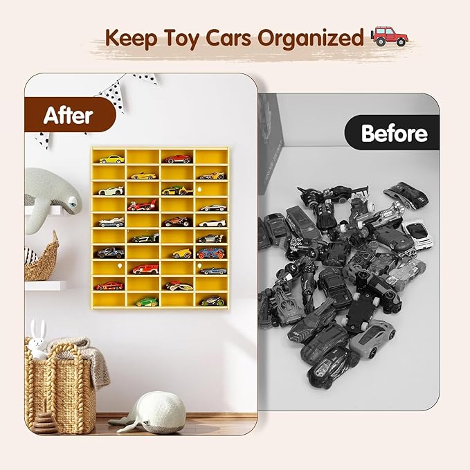 Toy Car Display Shelf, Holds 40 Diecast 1/64 Toys Car, Wall Mount Model Cars Storage Organize Case (Yellow 1/64 Toy Car Display Shelf)