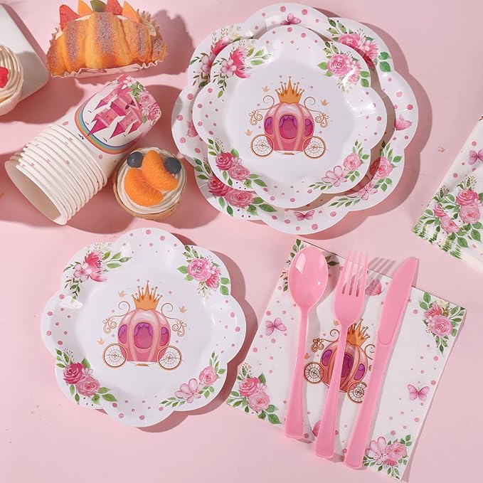 175PCS Pink Princess Birthday Party Decorations, Pink Four Ever a Princess Plates and Napkins Party Supplies, Scalloped Castle Paper Plates Disposable for Baby Shower Girl Birthday Party Decorations