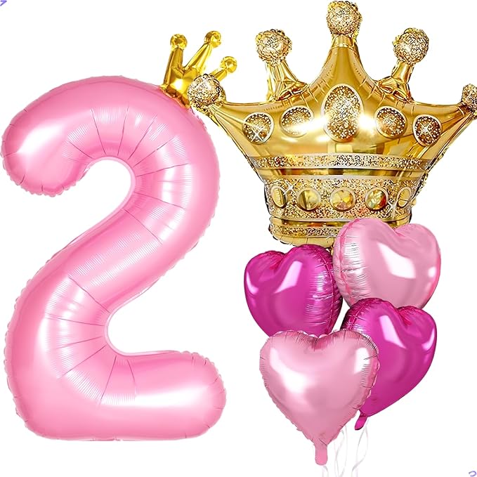 Princess 2nd Birthday Party Decorations, 40 inch Large Pink Crown 3 Balloon for Girls’ Princess Royal Decorations, Party Supplies Favors, Anniversaries(Number 2 Foil Mylar Birthday Balloon)